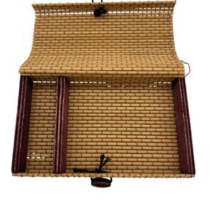Vintage Woven Bamboo Mini Trinket Box Roll Top Wood Button Closure 5.25"